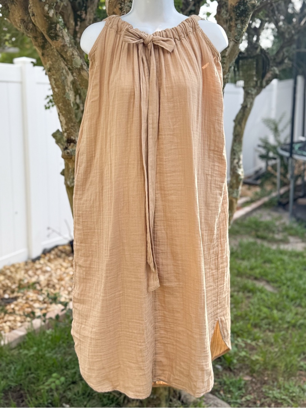 Old Navy NWT Gauze Cotton Tie Neck Shift Dress Petite Large Boho Neutral